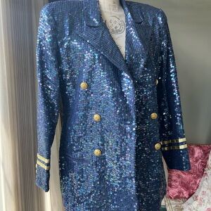 Vintage Blue Sequin Sailor Costume Blazer Jam Cruise Vibes w Gold Sailor Buttons